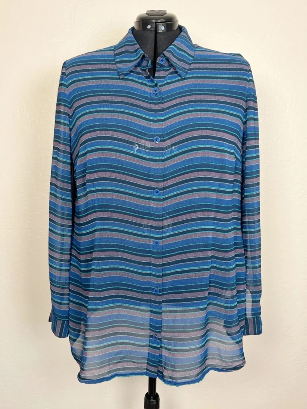 CABI Women’s Size XL Blue Striped Alex Semi-Sheer Long Sleeve Button Down Shirt